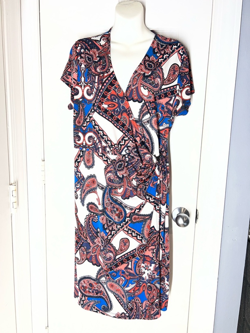 George Paisley Wrap Midi Dress in Blue, Coral & White